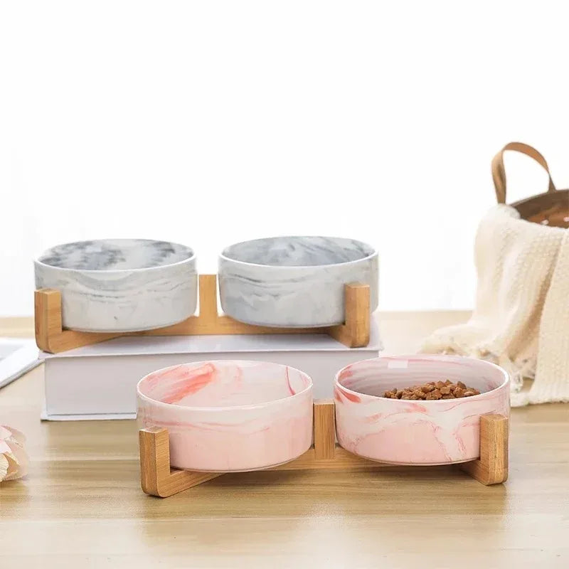 Ceramic Pet Bowl with Wooden Stand