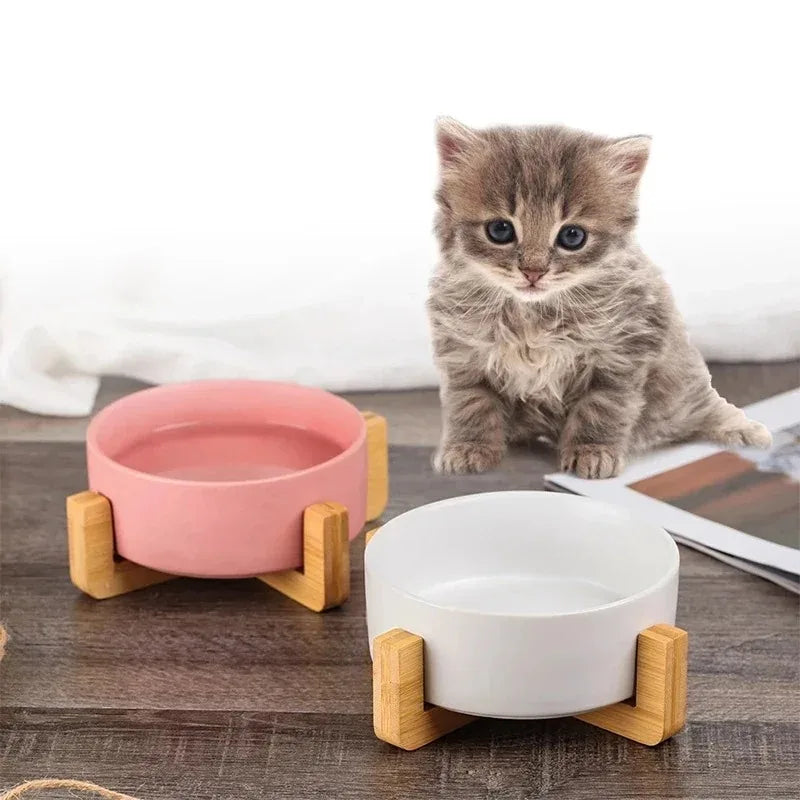 Ceramic Pet Bowl with Wooden Stand