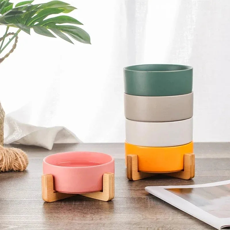 Ceramic Pet Bowl with Wooden Stand
